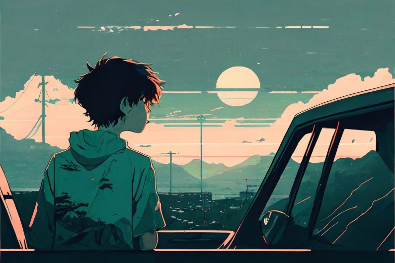 L’image représente une illustration de manga d’un jeune homme à côté de sa voiture